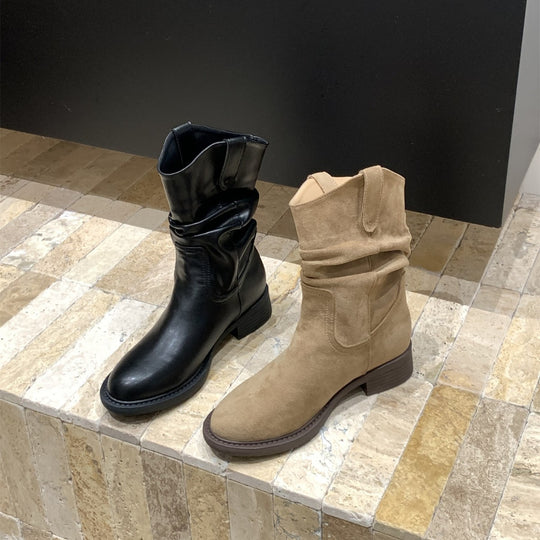Damen modische Stiefel mit gerafftem Schaft und bequemem Blockabsatz EB