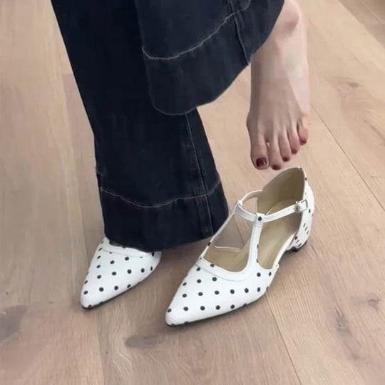 Damen elegante Ballerinas mit modischem Riemchen und dekorativem Punktenmuster EB