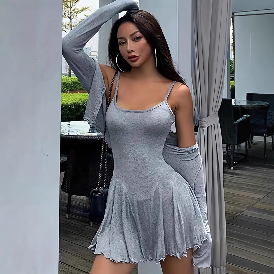 Damen lässiges Set mit langärmeliger Bluse und fließendem Rock EB