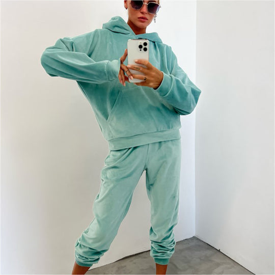 Damen bequemer Velours-Sweatanzug mit Kapuze und elastischem Bund EB