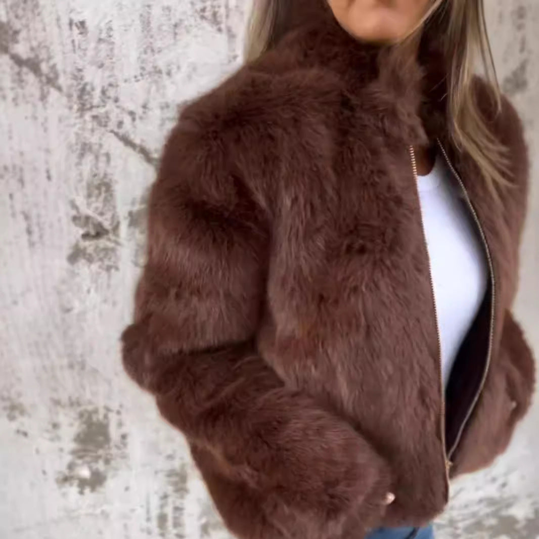 Damen kuschelige und modische Fleecejacke mit Stehkragen und Reißverschluss EB