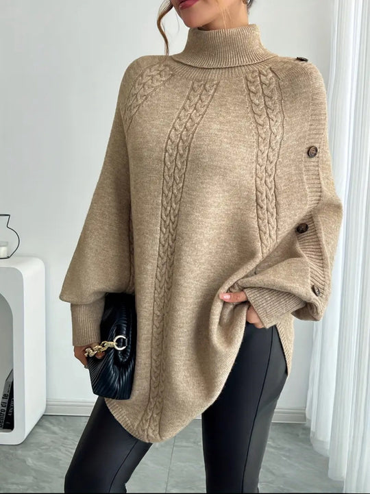 Damen Eleganter Strickponcho mit Rollkragen und Zopfmuster EB
