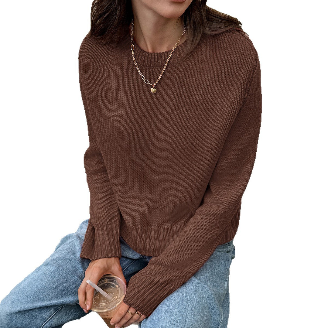 Damen nan gestrickter Feinstrick-Pullover mit Rundhalsausschnitt, leichter Oversize-Passform und gerippten Bündchen EB