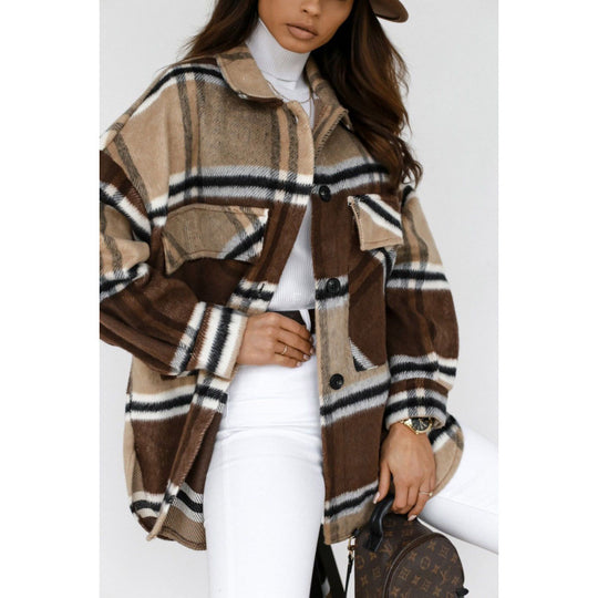 Damen Oversized Flanelljacke mit Karomuster und Taschen EB