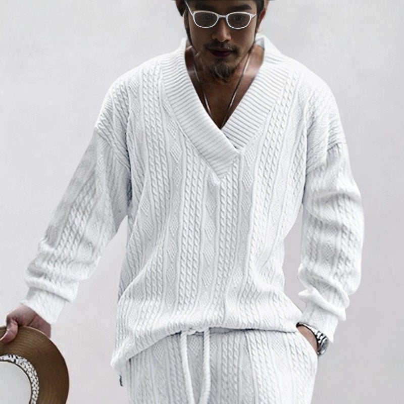 Herren nan Oversize Zopfmuster-Longpullover mit tiefem V-Ausschnitt und passender Strickhose EB