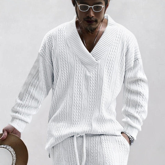Herren nan Oversize Zopfmuster-Longpullover mit tiefem V-Ausschnitt und passender Strickhose EB