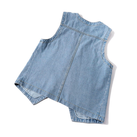 Damen lässige Denim-Weste mit Knopfdetails und aufgesetzten Taschen EB