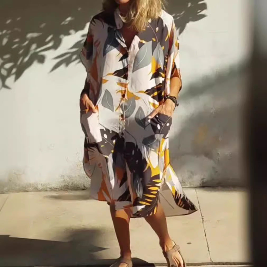 Damen Hemdblusenkleid im modischen Leaf-Design mit praktischen Taschen Heidi-Mode