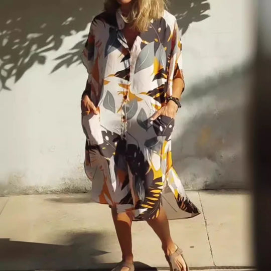 Damen Hemdblusenkleid im modischen Leaf-Design mit praktischen Taschen Heidi-Mode