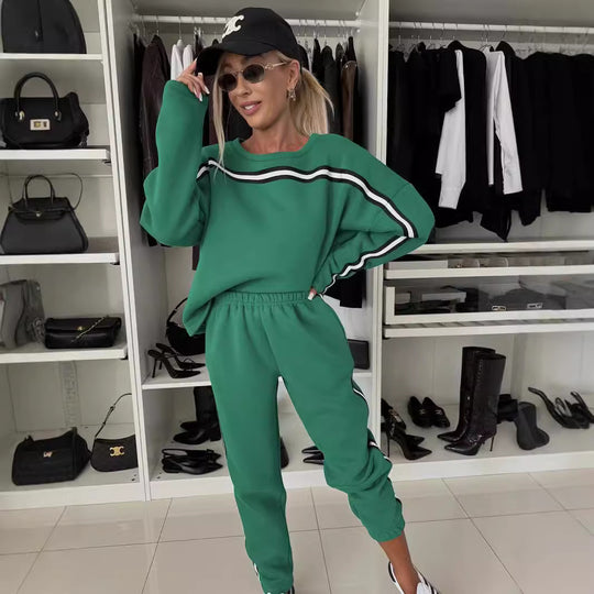 Damen sportives Lounge-Set mit gestreiften Seitenstreifen, oversized Sweatshirt und elastischer Jogginghose EB