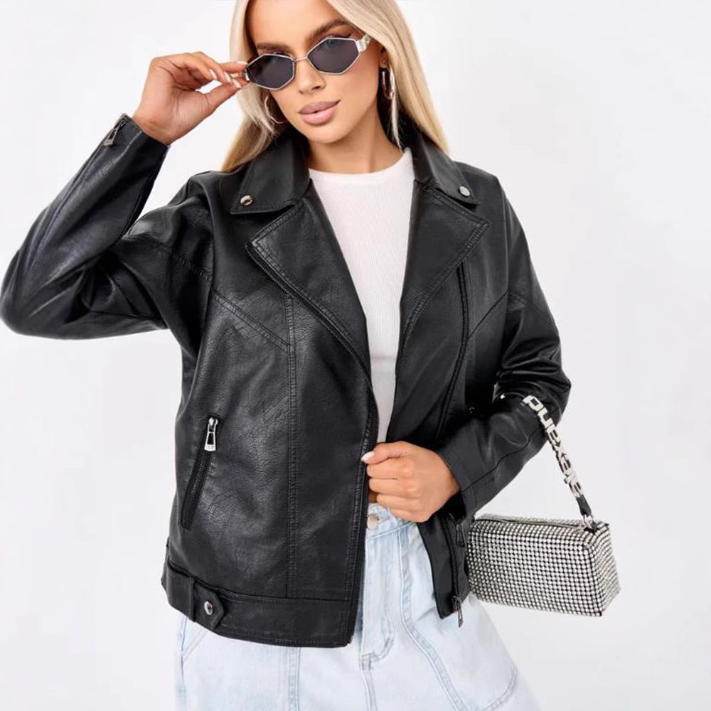 Damen hochwertige Kunstlederjacke im Biker-Stil mit asymmetrischem Reißverschluss EB