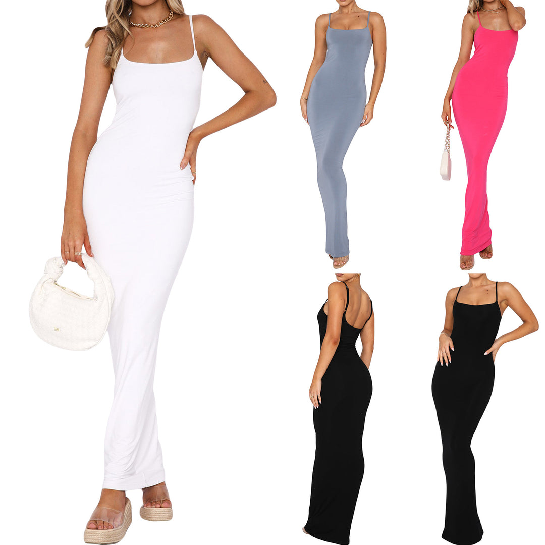 Damen figurbetontes Maxikleid mit dünnen Trägern und elegantem Schnitt EB