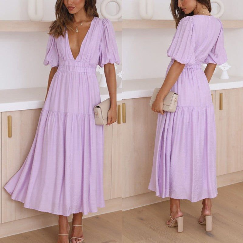 Damen Maxikleid mit weiten Puffärmeln und elastischem Taillenzug EB