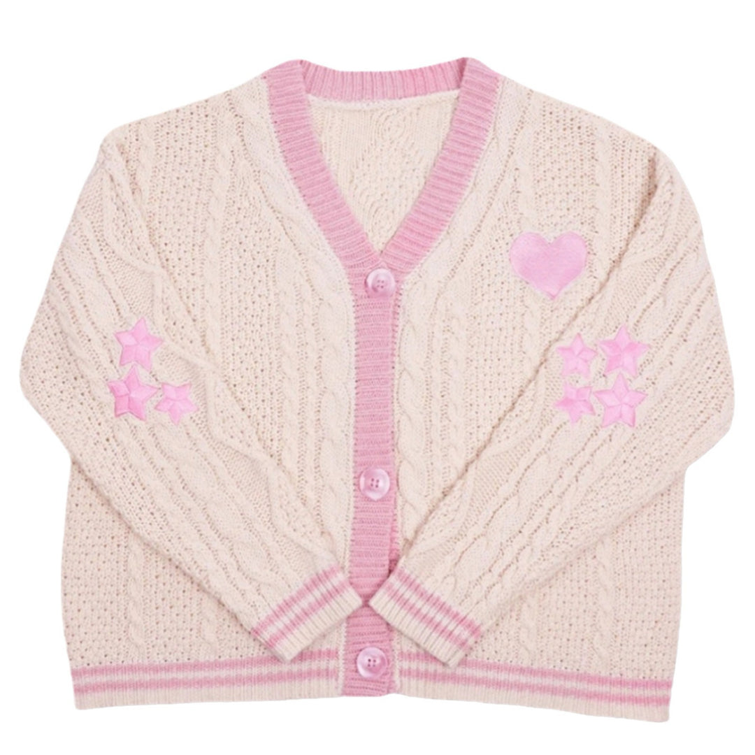 Damen nan gestrickte Cardigan mit Zopfmuster V-Ausschnitt und Herz- und Sternapplikationen EB