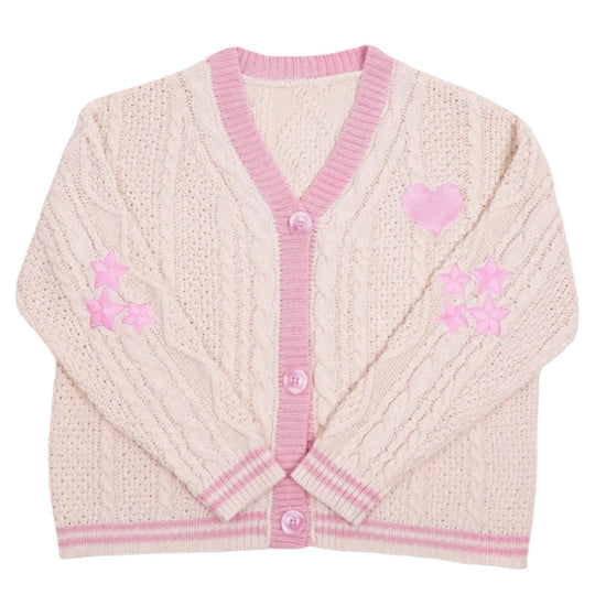 Damen nan gestrickte Cardigan mit Zopfmuster V-Ausschnitt und Herz- und Sternapplikationen EB