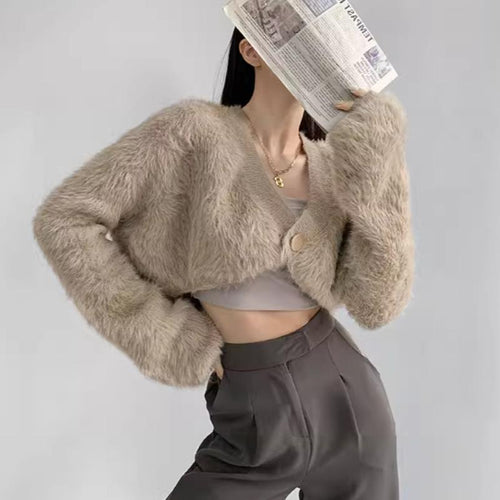 Damen cropped Strickjacke mit voluminösen Ärmeln und Knopfdetail EB