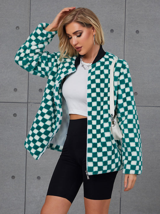 Damen Modische Kunstpelzjacke mit Karomuster und hohem Kragen EB