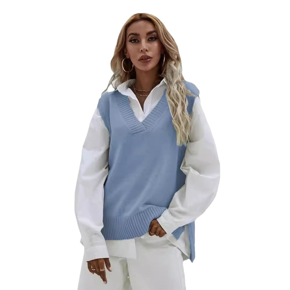 Damen Strickweste mit V-Ausschnitt und breitem Rippdesign EB