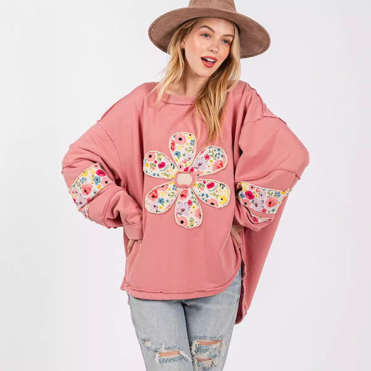 Damen lässiger Oversize-Pullover mit floralem Applikationsdesign EB