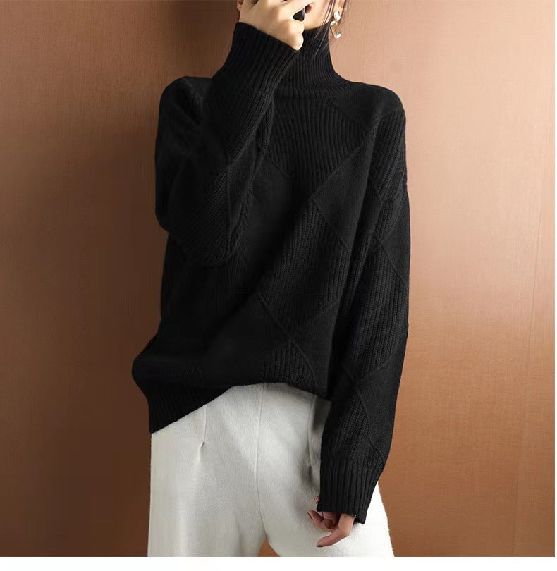 Damen hochwertiger Strickpullover mit stehendem Kragen und extravagantem Rautenmuster EB