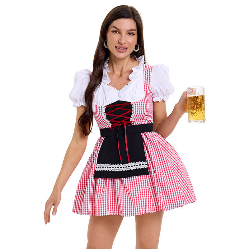 Damen Trachtenkleid im modernen Latzdesign mit nostalgischen Karomustern und verspieltem Schürzenakzent EB