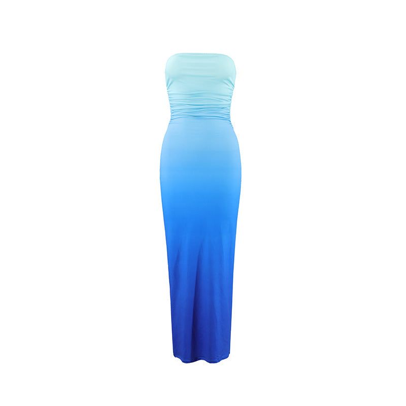 Damen elegantes trägerloses Maxikleid mit Farbverlauf EB