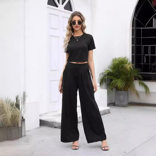 Damen Lässiges Zweiteiler-Set mit kürzem T-Shirt und weiten Pants EB