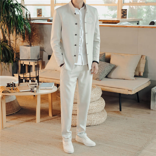 Herren nan asiatisch inspirierte Mandarinjacke mit Stehkragen, Knotenknopfleiste und tonalem Stick-Emblem EB