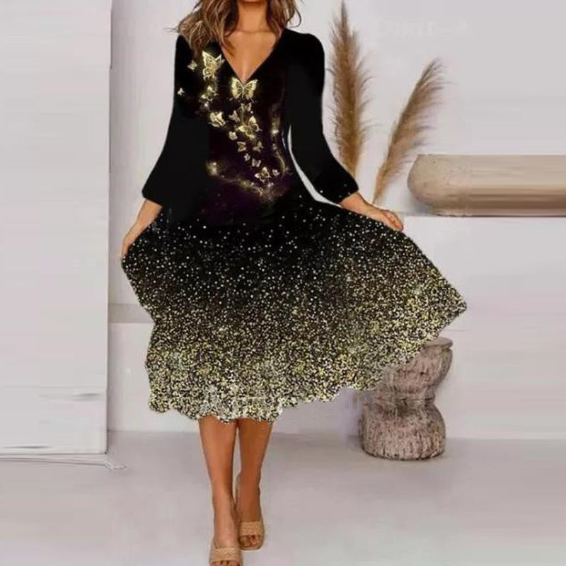 Damen V-Ausschnitt Midi-Kleid mit fließendem Rock und floralem Ärmeldesign EB