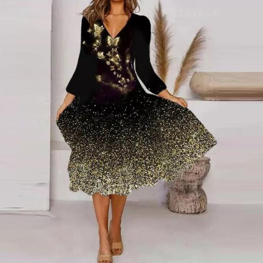 Damen V-Ausschnitt Midi-Kleid mit fließendem Rock und floralem Ärmeldesign EB