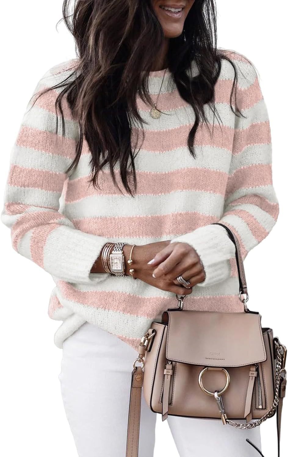 Damen lässiger Strickpullover mit breiten Querstreifen EB