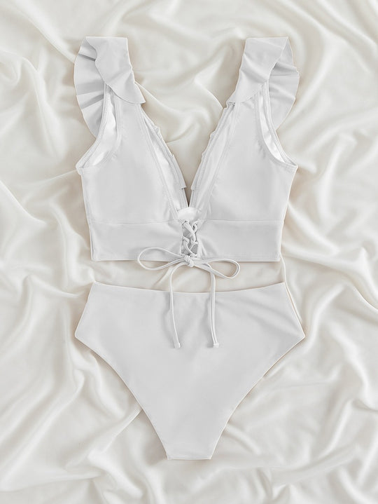 Damen Oberteil mit Rüschen und hohen Bikinihosen EB