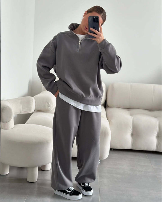 Damen Oversize Sweatshirt mit Halbzip und hohem Stehkragen EB