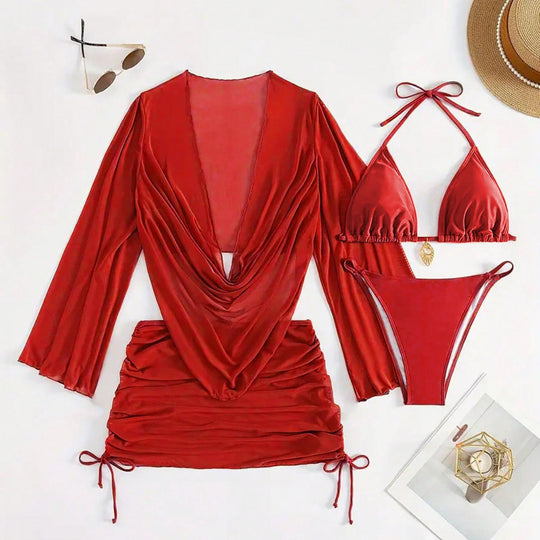 Damen Bikini-Set mit raffinierter Wickelbluse und halbtransparentem Rock EB