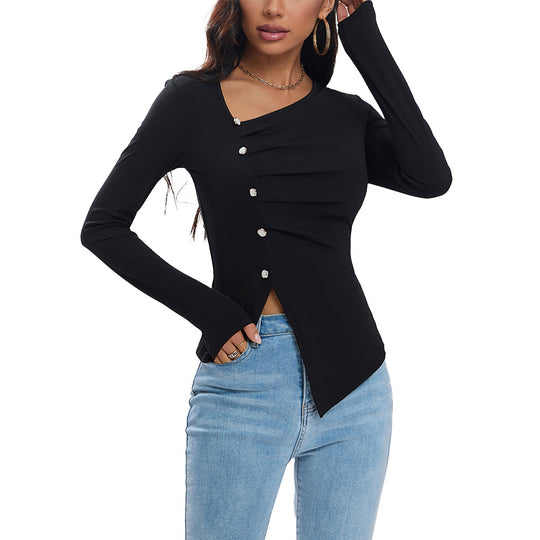Damen asymmetrisches geripptes Longsleeve mit Diagonalknopfleiste und spitzem Saum Eichborn Berlin