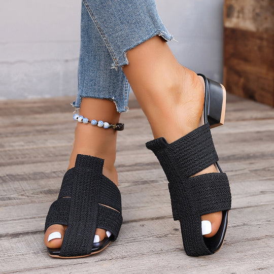 Damen offene Mules mit Blockabsatz und verzierten Riemen EB