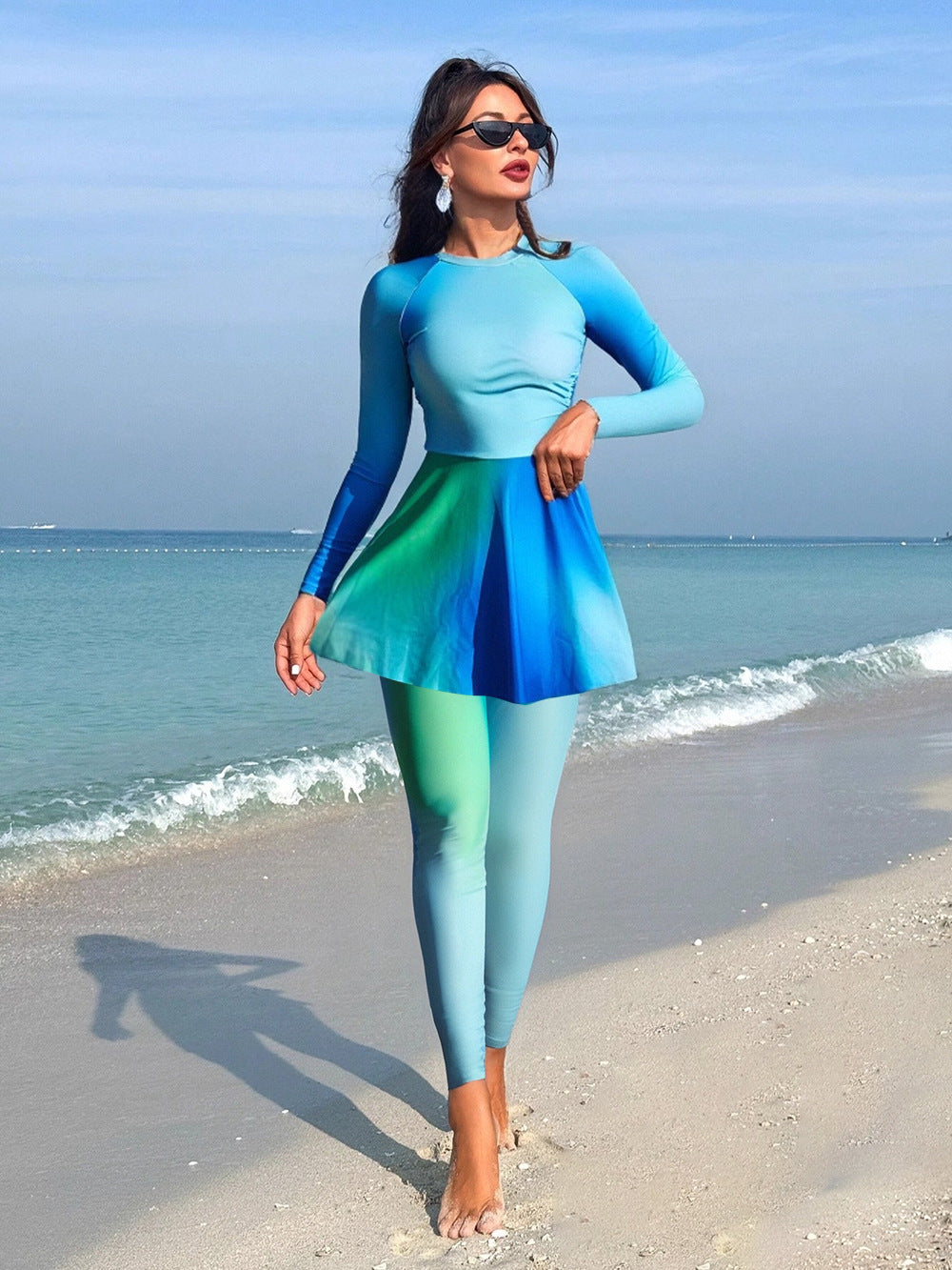 Damen Mode-Schwimmanzug mit langen Ärmeln und schwingendem Rock EB