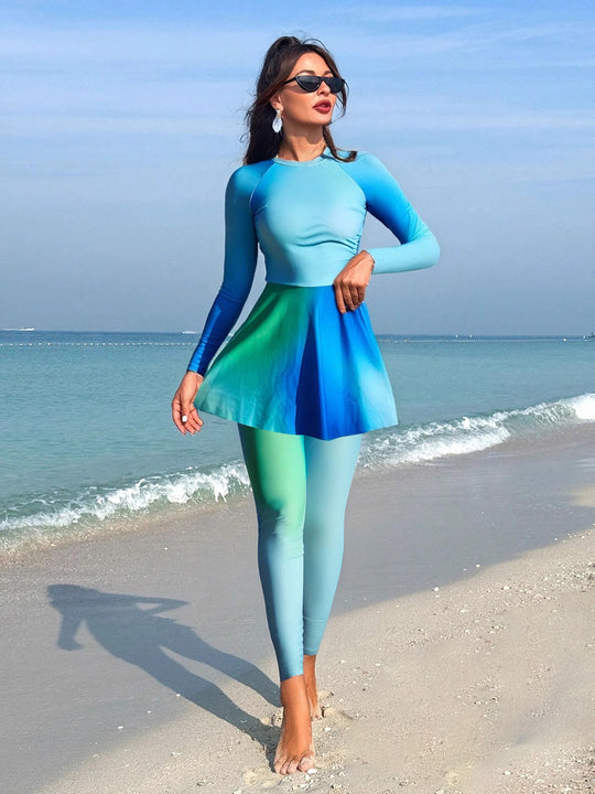 Damen Mode-Schwimmanzug mit langen Ärmeln und schwingendem Rock EB