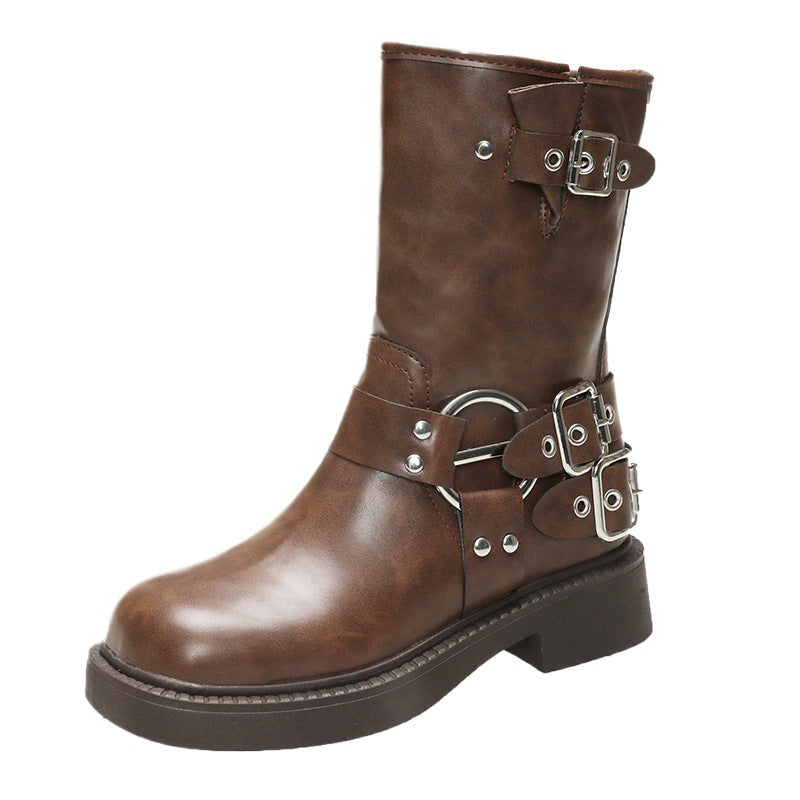 Damen Stiefel mit modischen Schnallen und rutschfester Sohle EB