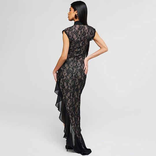 Damen Spitzenmaxikleid mit asymmetrischem Saum EB