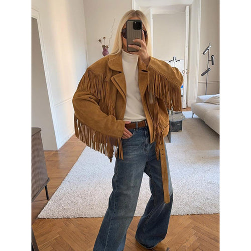 Damen Wildlederjacke mit Fransen und großzügigen Ärmeln EB