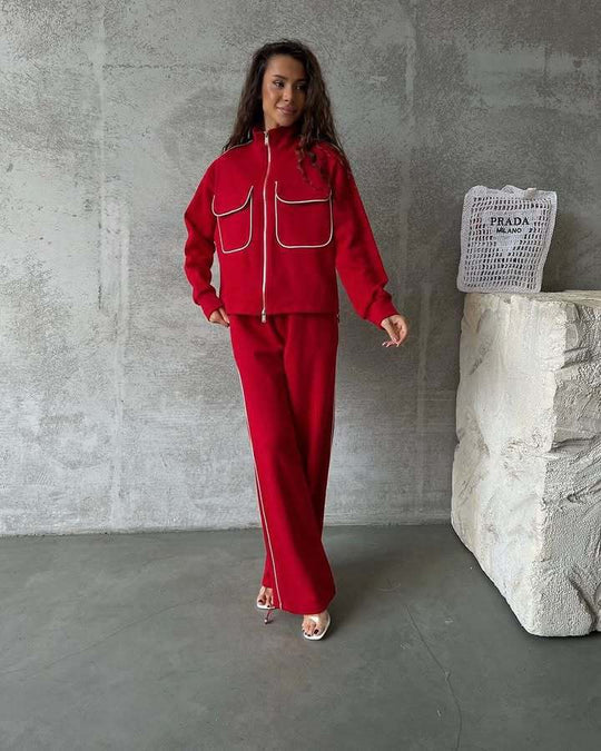 Damen sportliches Fleece-Set mit modischen Kontrasten und praktischen Taschen EB