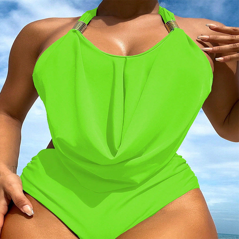 Damen eleganter Einteiler Badeanzug mit raffiniertem Halterneck und glänzenden Details EB