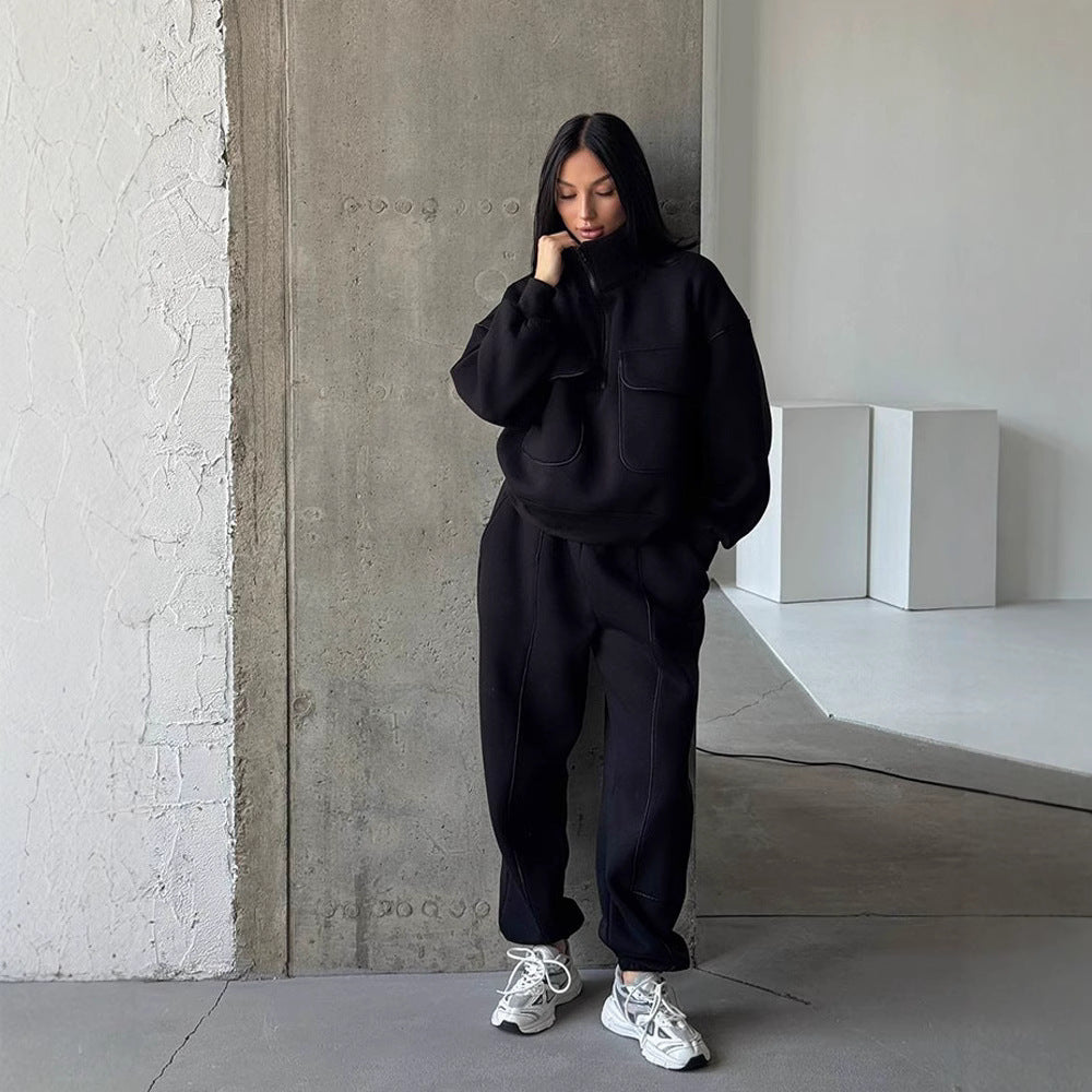 Damen nan Oversize Halbzip-Sweatshirt mit aufgesetzten Klappentaschen und Kontrastpaspeln EB