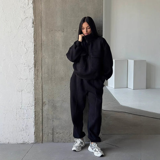 Damen nan Oversize Halbzip-Sweatshirt mit aufgesetzten Klappentaschen und Kontrastpaspeln EB