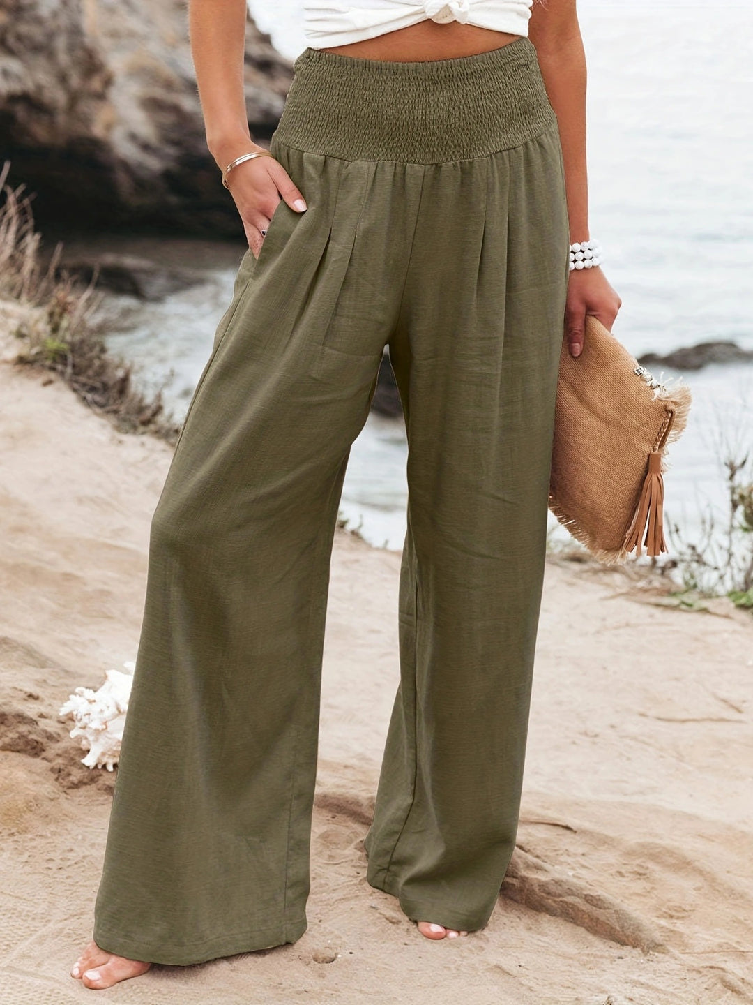 Damen weite Sommerhose mit elastischem Bund und elegantem Faltenwurf EB