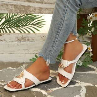 Damen elegante Zehentrenner-Sandaletten mit floralem Dekorelement EB