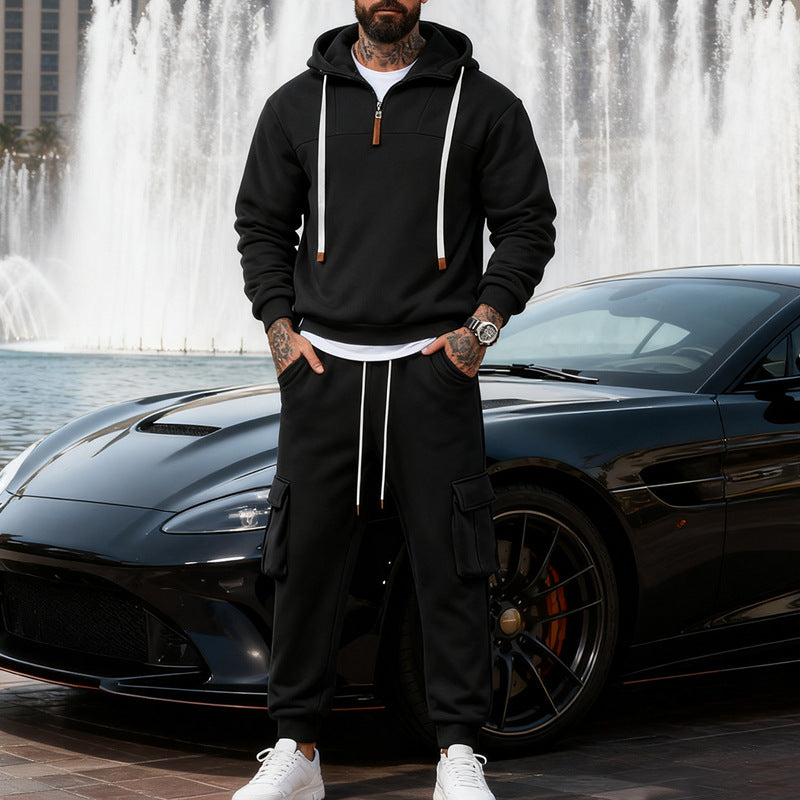 Herren nan lässiger Fleece-Jogginganzug mit halbem Reißverschluss und Cargo-Taschen EB