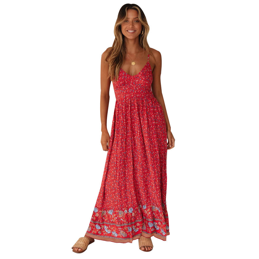 Damen Maxikleid mit floralem Muster und zartem Spaghettiträger-Design EB