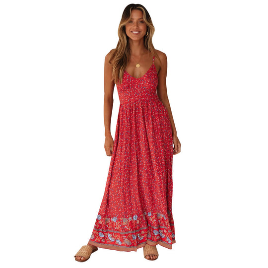 Damen Maxikleid mit floralem Muster und zartem Spaghettiträger-Design EB